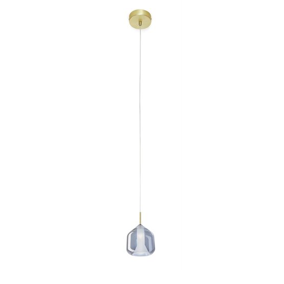 X-Ray suspended lamp  - Pendant lamp in sky-colored glass with elements in brushed gold Pendant light in clear or sky coloured borosilicate glass, measuring 17 cm in diameter and 18 cm in height. Brushed gold finish stem and canopy (12 cm in diameter). Clear 120 cm cable.
