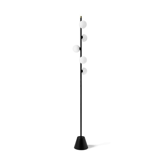 Lampadaire Pom, Lampadaire 5 lumières en verre soufflé blanc laiteux avec structure peinte en noir