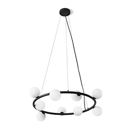 Suspension with 9 lights in milky white blown glass on a black painted ring