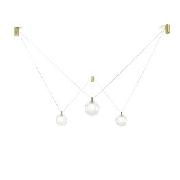 Suspension lamp configurable to 3 lights in transparent and satin glass with elements in brushed gold