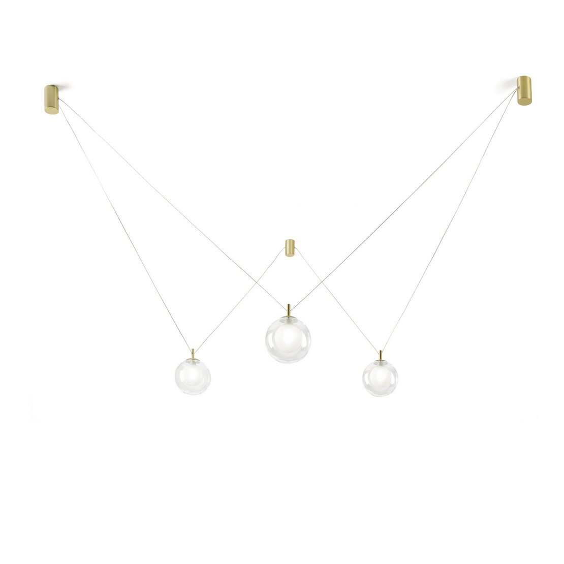 Aladino suspended lamp - Suspension lamp configurable to 3 lights in transparent and satin glass with elements in brushed gold - Sforzin illuminazione