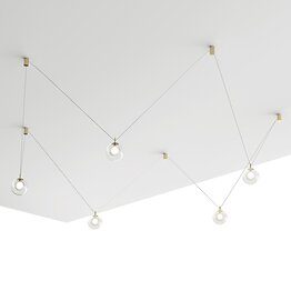 Suspension lamp configurable to 5 lights in transparent and satin glass with elements in brushed gold