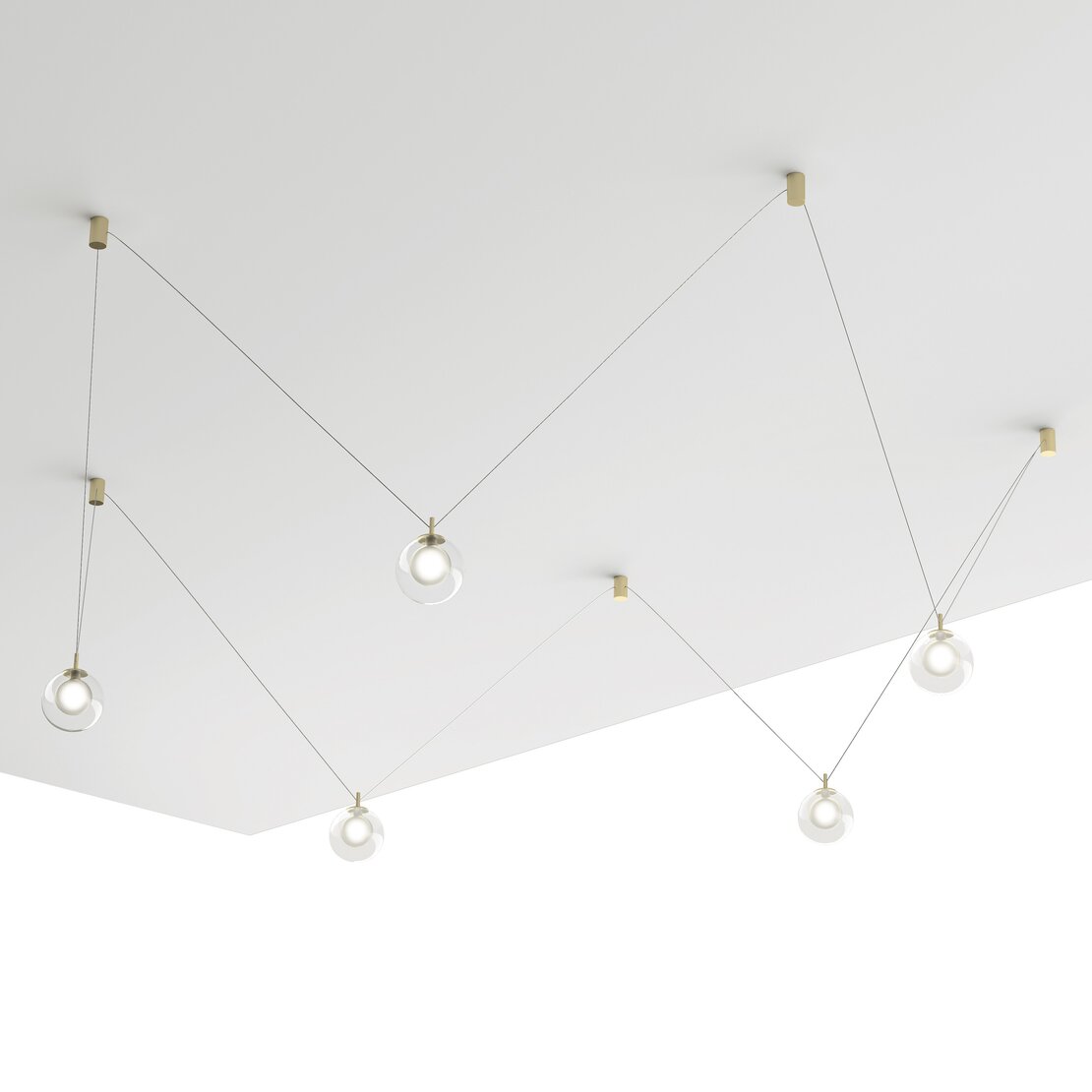 Aladino suspended lamp - Suspension lamp configurable to 5 lights in transparent and satin glass with elements in brushed gold - Sforzin illuminazione