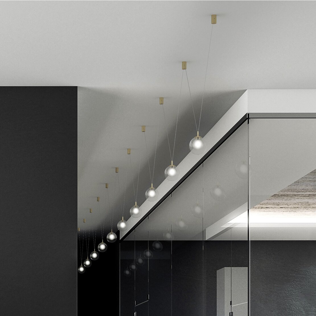 Aladino suspended lamp - Suspension lamp configurable to 10 lights in transparent and satin glass with elements in brushed gold - Sforzin illuminazione