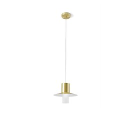 Suspension lamp in brushed gold and white powder coated metal
