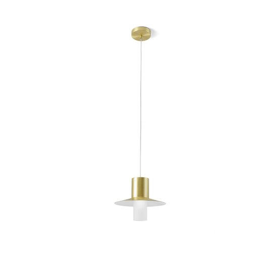 Lollipop suspended lamp - Suspension lamp in brushed gold and white powder coated metal Pendant light in powder coated
metal: brushed gold finish on
the outside, white on the inside,
measuring 26 cm in diameter.
Canopy in brushed brass stem
and 120 cm cables.