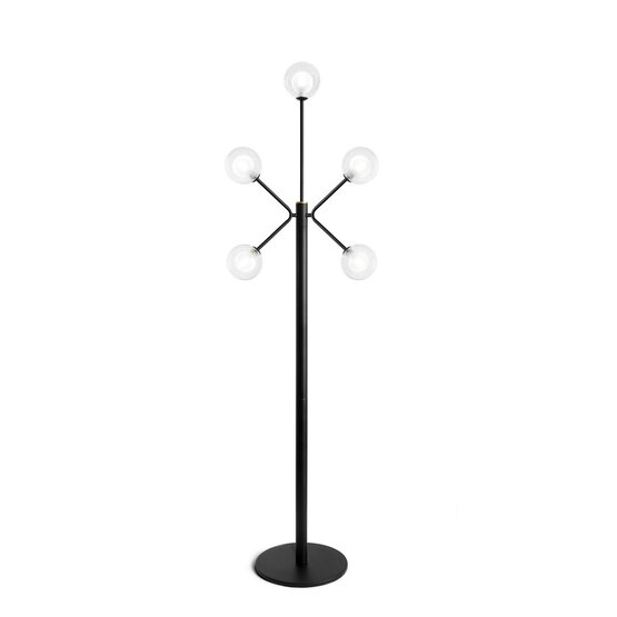 Lampadaire Cosmo, Lampadaire en verre borosilicaté transparent et satiné avec structure en métal peint en noir