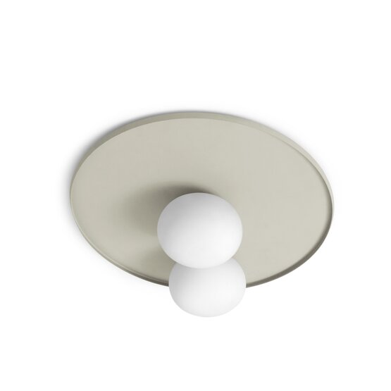 Plafonnier Pot - Plafonnier 2 lumières en verre soufflé blanc laiteux sur socle en métal peint gris perle Applique ou plafonnier. Structure en métal peint par poudrage gris perle. Diffuseurs en verre soufflé blanc laiteux diamètre 14 cm.