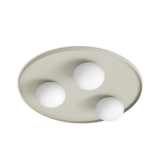 Plafonnier Pot - Plafonnier 3 lumières en verre soufflé blanc laiteux sur socle en métal peint gris perle Applique ou plafonnier. Structure en métal peint par poudrage gris perle. Diffuseurs en verre soufflé blanc laiteux diamètre 14 cm.
