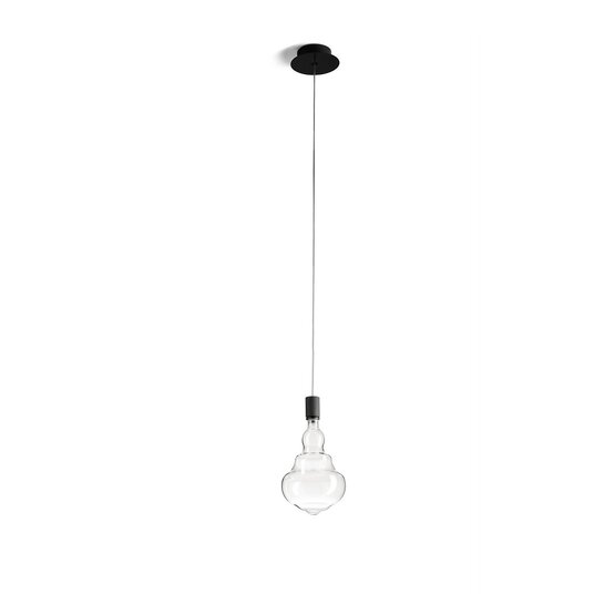 Lámpara colgante Miel Negro, Lámpara de suspensión en vidrio soplado borosilicato transparente con florón de metal negro