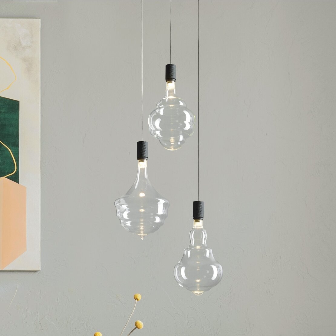 Honey Black suspended lamp - 3-light pendant in transparent borosilicate blown glass with black metal canopy. - Sforzin illuminazione