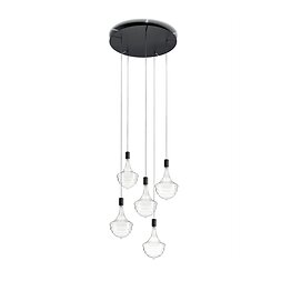 5-light pendant lamp in transparent borosilicate blown glass with black metal canopy.
