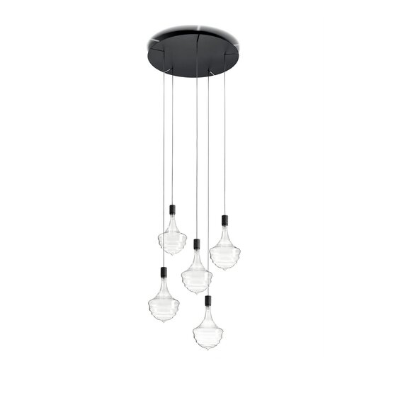 Sospensione Honey Black Murano glass Sospensione a 5 luci in vetro soffiato borosilicato trasparente con rosone in metallo nero. - 5 lights