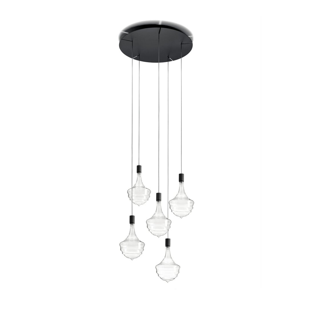 Honey Black suspended lamp - 5-light pendant lamp in transparent borosilicate blown glass with black metal canopy. - Sforzin illuminazione