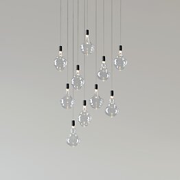 10-light pendant in transparent gray borosilicate blown glass with black metal canopy.