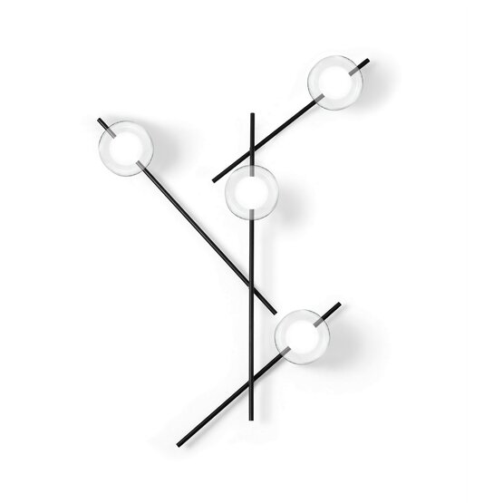 Mikado Cosmo applique ou plafonnier - Applique ou plafonnier à 4 lumières en verre borosilicaté transparent et satiné avec structure en métal peint et bras rotatif 4 lumières. Applique ou plafonnier avec cadre en métal enduit de poudre noire soft touch. Diffuseur en verre borosilicaté transparent à l'extérieur et satiné à l'intérieur, diamètre 12 cm. La rotation des bras secondaires permet de choisir la position préférée.