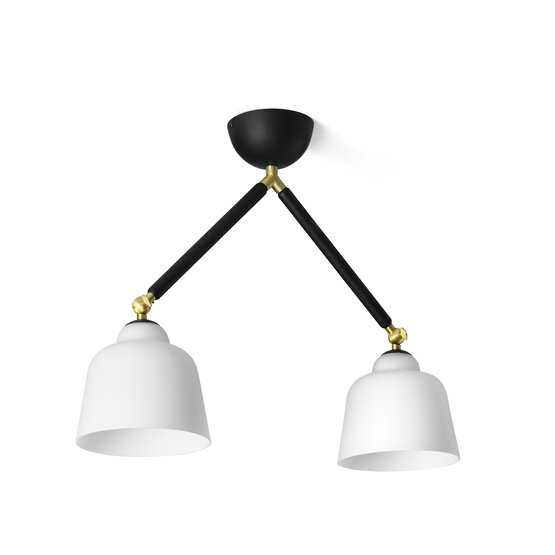 Neoretro ceiling lamp - 2-light ceiling lamp in milky white blown glass and black metal with rotatable joints Ceiling lamp with black soft touch
powder coated metal frame. Milky
white blown glass diffuser measuring
17,5 in diameter.
Brass joints can be used to turn the
light point.