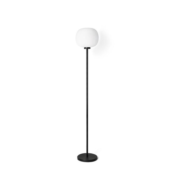 Lampadaire Bombo, Lampadaire avec corps finition noire et diffuseur en verre soufflé blanc