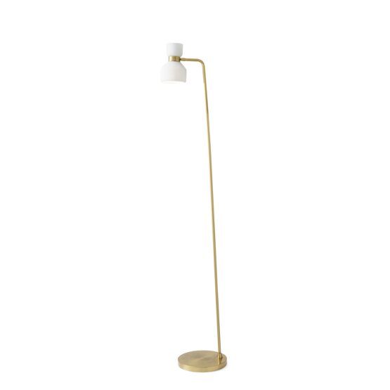 Cinquante lampadaire, Lampadaire avec corps en laiton brossé et diffuseur en verre soufflé blanc