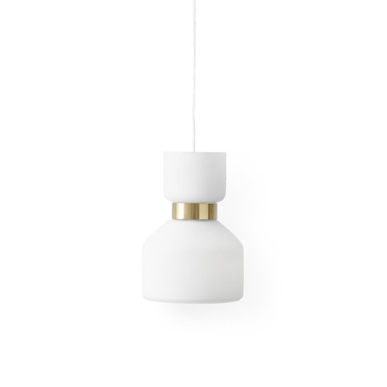 Fifty suspended lamp , Pendant white blown glass light with brushed brass detail