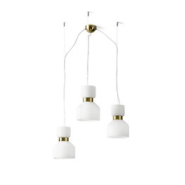 Suspension with 3 lights in white blown glass with elements in brushed brass