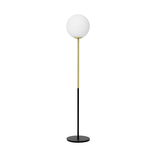 Lampadaire Jugen, Lampadaire en verre soufflé blanc laiteux avec cadre noir et laiton