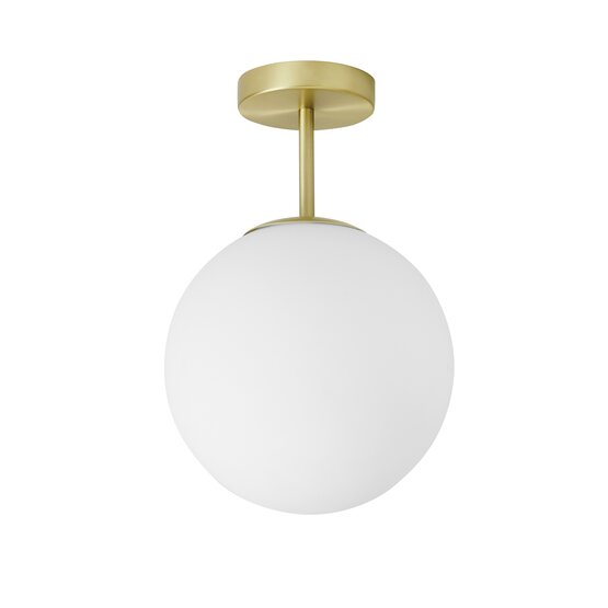 Jugen ceiling lamp - Ceiling lamp milky white blown with brushed brass structure Ceiling light in milky white
blown glass, measuring
25 cm in diameter.
Brushed brass finish body.