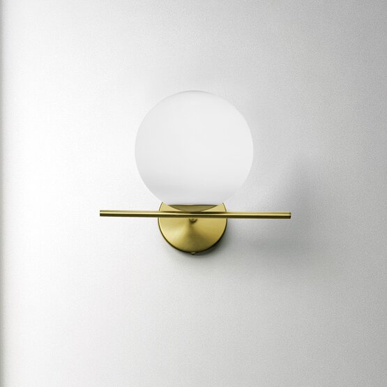 Jugen wall lamp, Glass wall light milky white blown with brushed brass structure